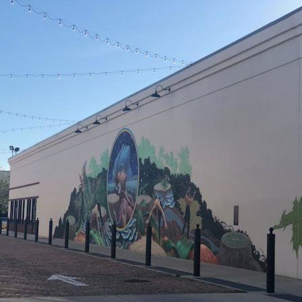 Colorful mural depicting nature scene on a building wall with lights overhead.